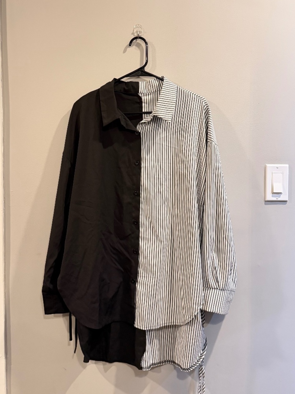 Button down T shirt, Size: M color: half black and half b&w stripes.